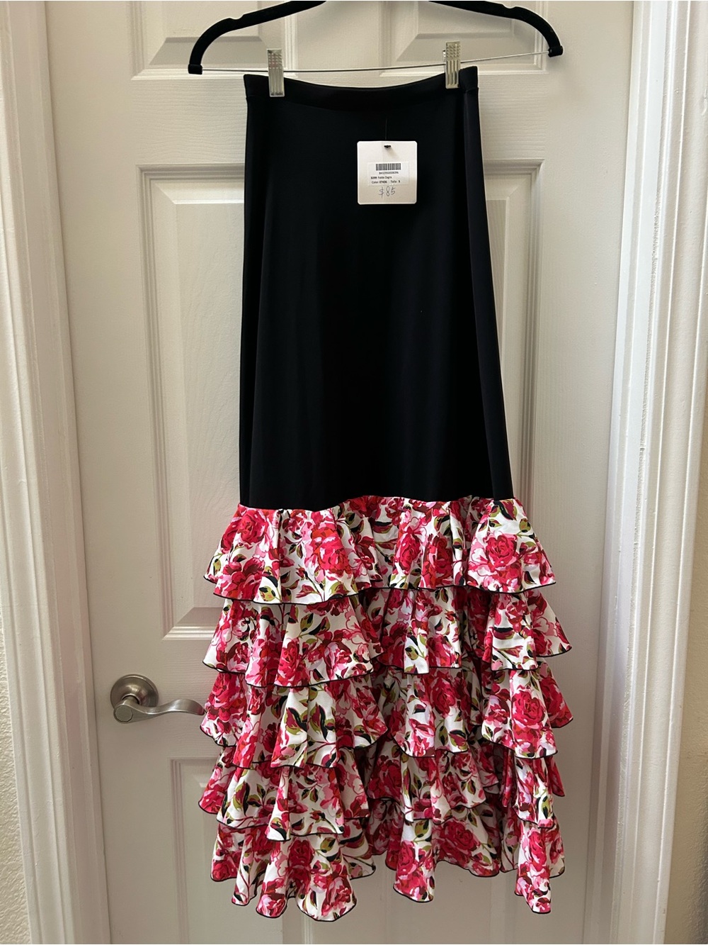 Floral Tiered Ruffle Maxi Skirt - Black with Pink Rose Print Flamenco